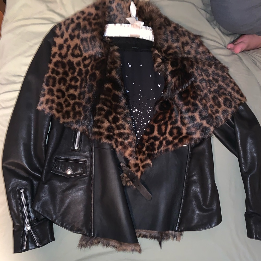 Black Leather Jacket with Faux Cheetah Fur
